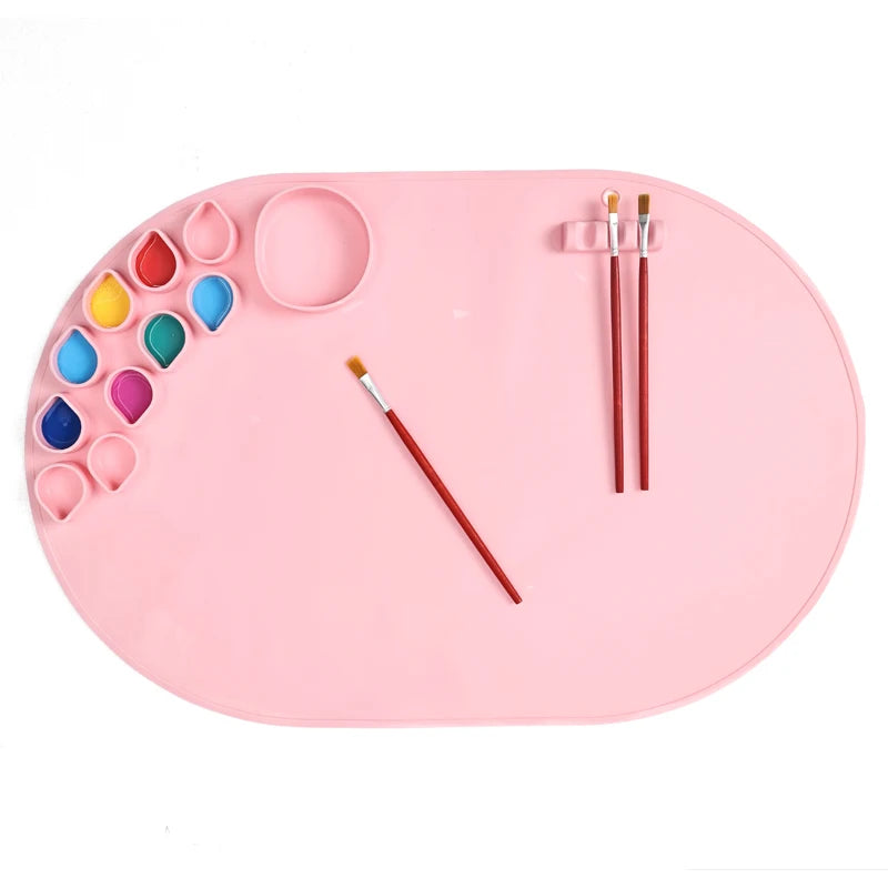 Elliptical Silicone Drawing Board With Cup Silicone Art Mats for Kids Durable Easy to Clean Painting Mat