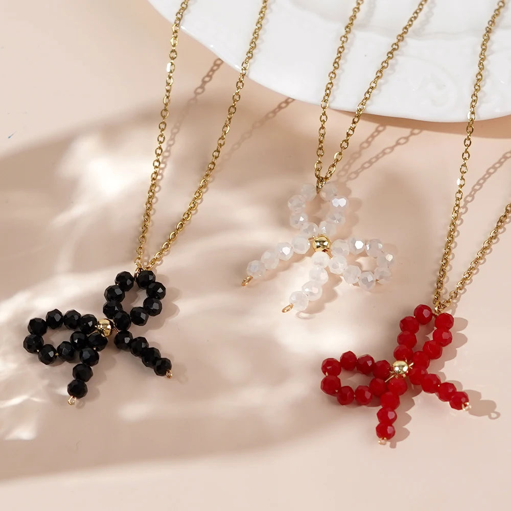 Go2boho Delicate Boho Fashion Jewelry Healing Woven Bow Necklaces With Link Chain for Women Lucky Crystal Beaded Accessory