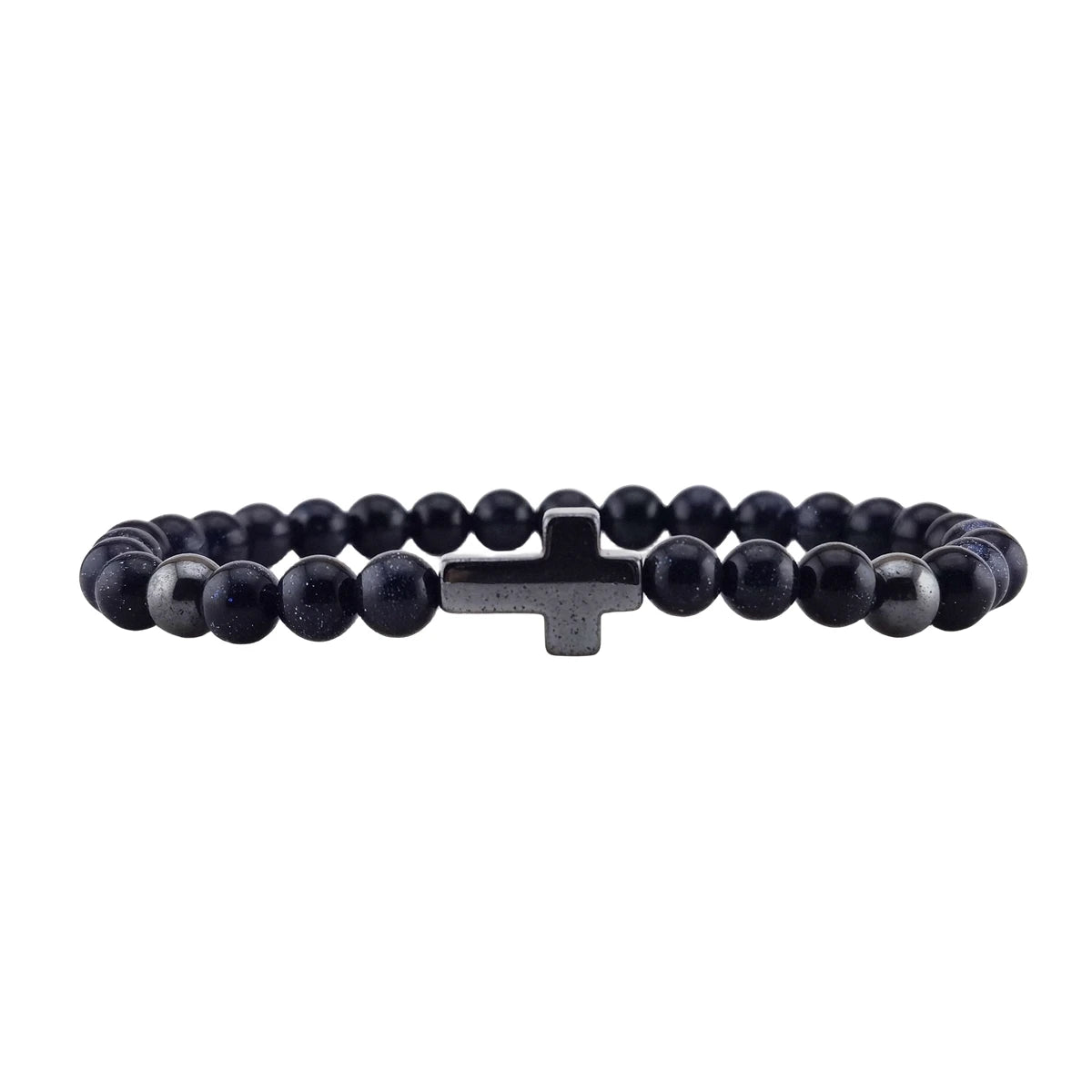 Hot Sale Handmade Jewelry Blue Goldstone Beaded Bracelet Cross Pendant Elastic Natural Stone Bracelets