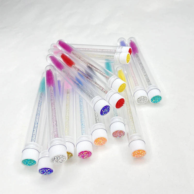 Wholesale Can Be Custom Bulk Disposable Glitter Eyebrow Brush  Pink Eyelash Extension Spoolies With Tube
