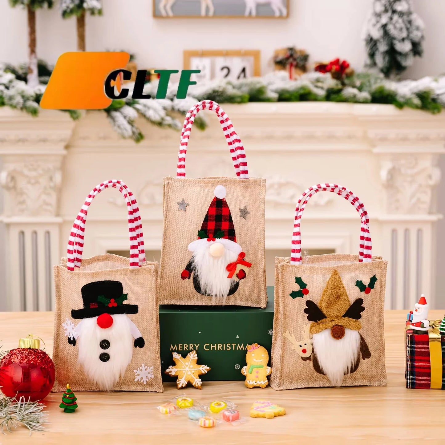 Cartoon 3D Printed Linen Fabric Handbag Christmas Gift Bag Christmas Candy Bag for Kids Christmas Decoration Ornaments
