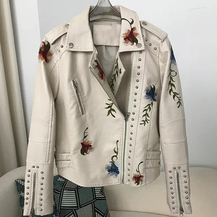 OFTBUY 2024 New Spring Woman Faux Leather Jacket Embroidery Short Lapel Zipper Biker Coats Fashion Streetwear Mujer Waterproo
