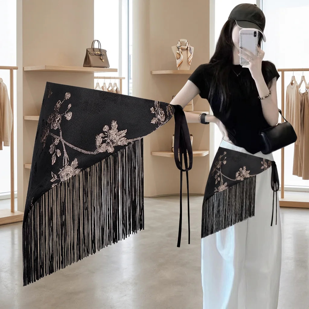 High Quality Vintage Triangle Scarf Waistband Layered Cinch Decorative Wide Tassel Waist Belt Scarf for Women Outfits