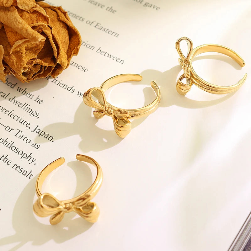 Chic 18k Gold Plated Bowknot Waterdrop Ring Women Wedding Statement Stainless Steel Ring Bijoux Acier Inoxydable