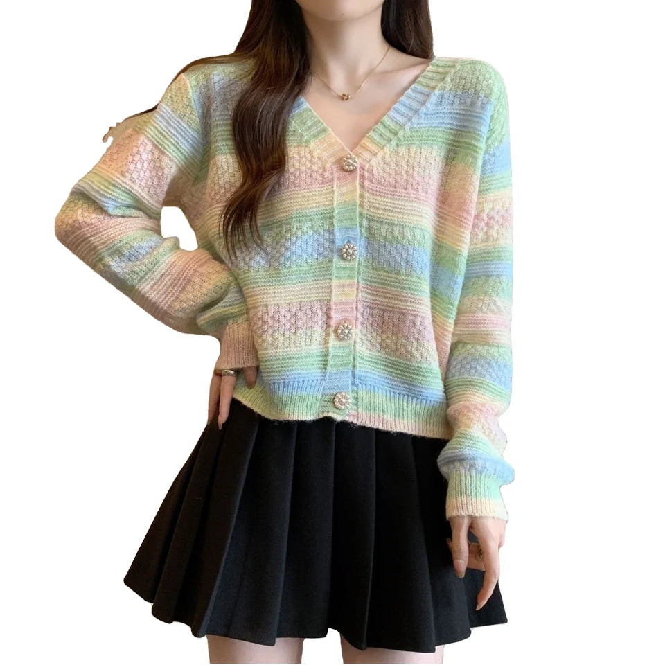 Spring rainbow Stripes Thin Section Hollowed Out Knitted Cardigan Female Korean Gentle Wind Loose Outer Jumper Jacket
