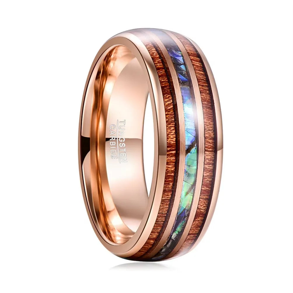 Alin Wholesale Best-Selling Classic 8MM Tungsten Carbide Wedding Rings Rose Gold Plated Wood Opal Inlay Unisex Jewelry
