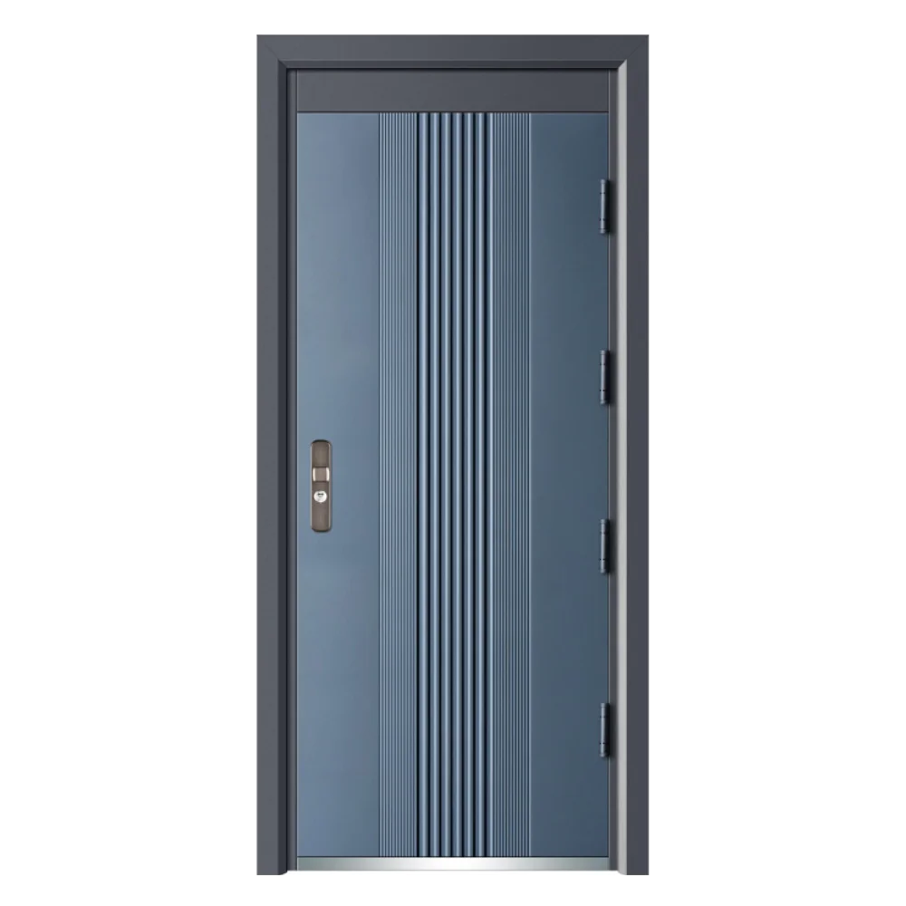 Security Exterior Single Main Red Steel Doors and Wooden Screen Door With Transom for Home Entrance Design With Smart Lock