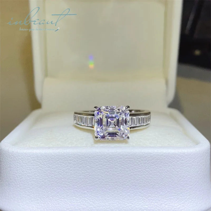 Silver 925 Original 3 Carat Brilliant Ascher Cut Diamond Test Past D Color Square Moissanite Wedding Ring Real Gemstone Jewel