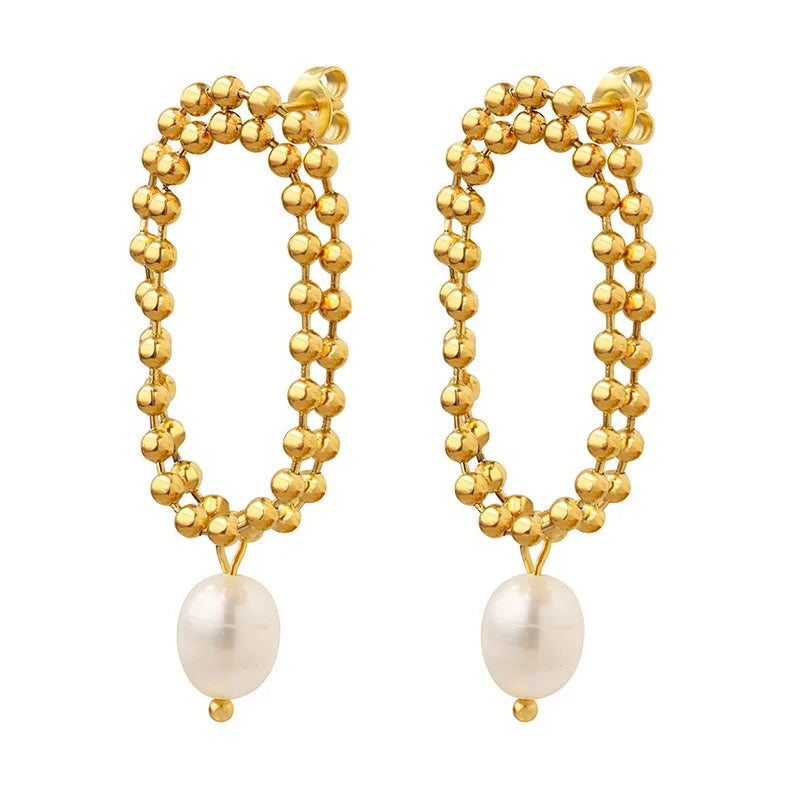 High End 18K Gold Plated Double-layer Beads String Tassel Fresh Water Pearl Pendant Hoop Earring Stainless Steel Stylish Jewe
