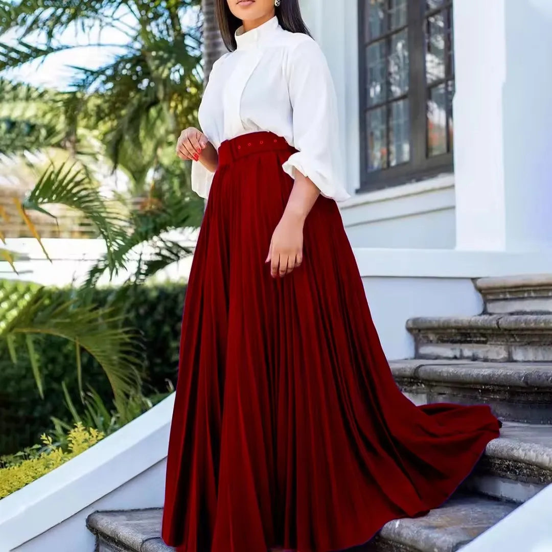 European and American S-3XL Women's Clothing Paired With Waistband Skirts Personalized and Elegant Pleated Large Skirt Hem Sk