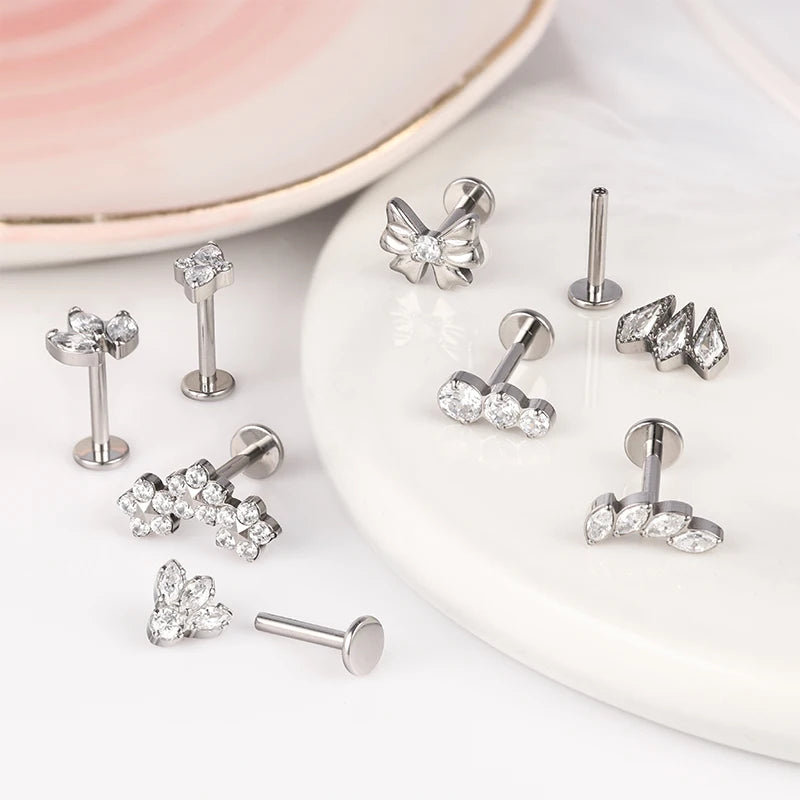 G23 F136 Titanium Nose Studs Cz Earrings Butterfly Leaf Labret Piercing Jewelry Lip Studs