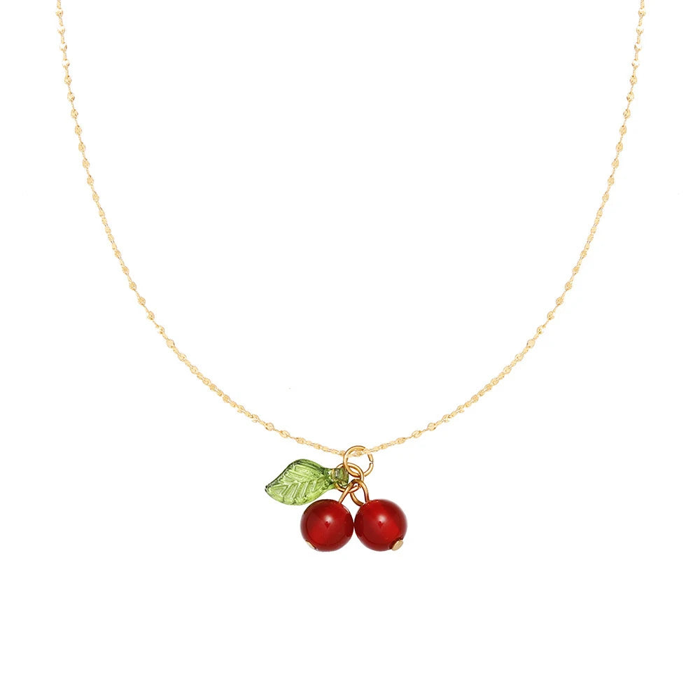 Trendy Women's Handmade Ruby Cherry Necklace 18K Gold Plated Stainless Steel Trendy Link Chain Cherry Pendant Necklace