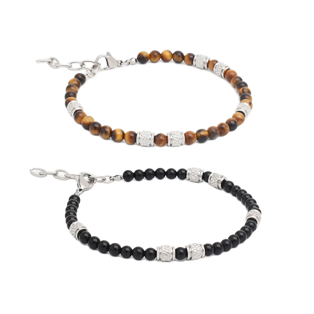 Fashion 4mm Black Agate Bead Bracelet Stainless Steel Adjustable Chain Trendy Gift Jewelry Casual Accessory for Men Women