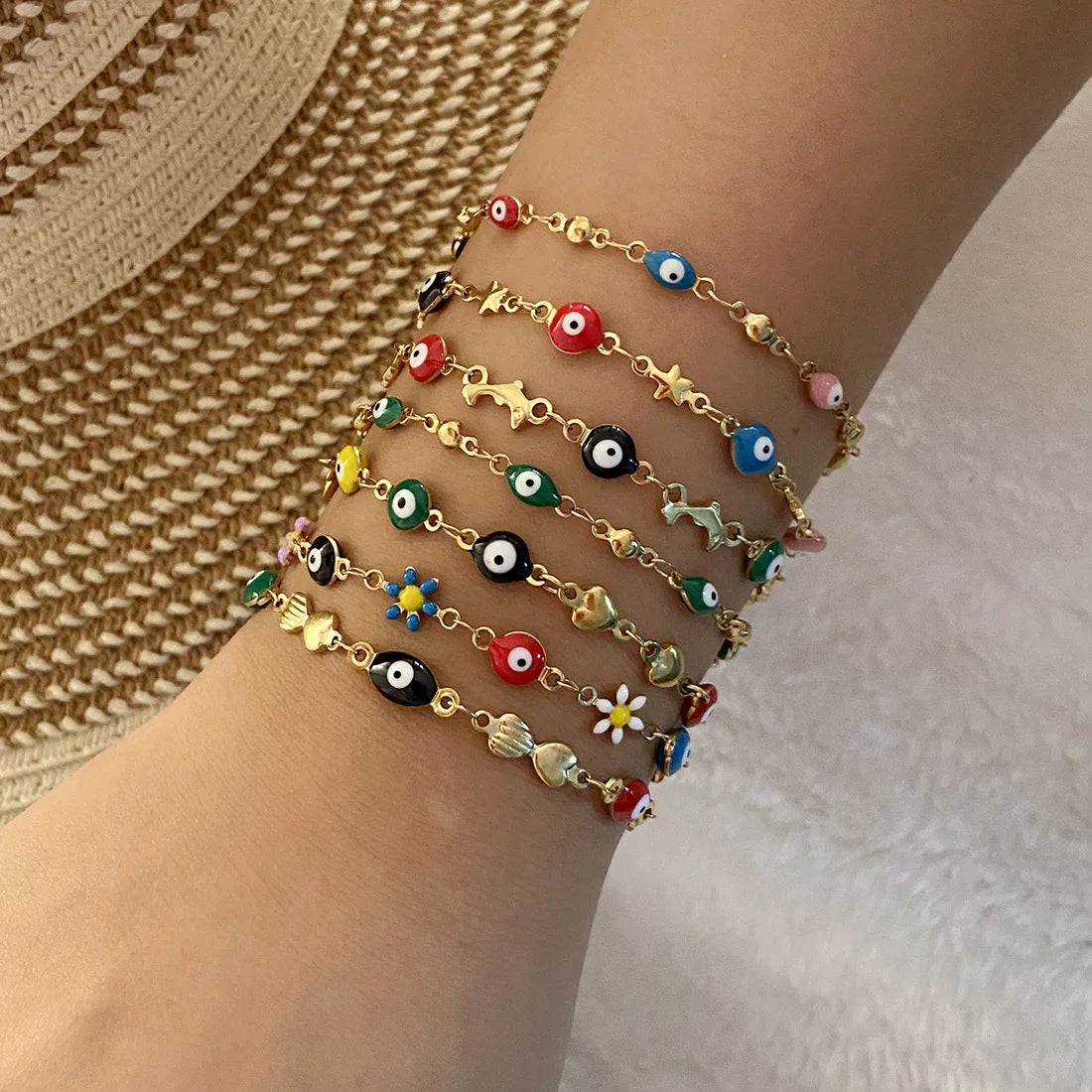 Luxury Heart Zircon Evil Eye Charm Cuff Bracelet Thin Chain Stainless Steel Bracelet for Women