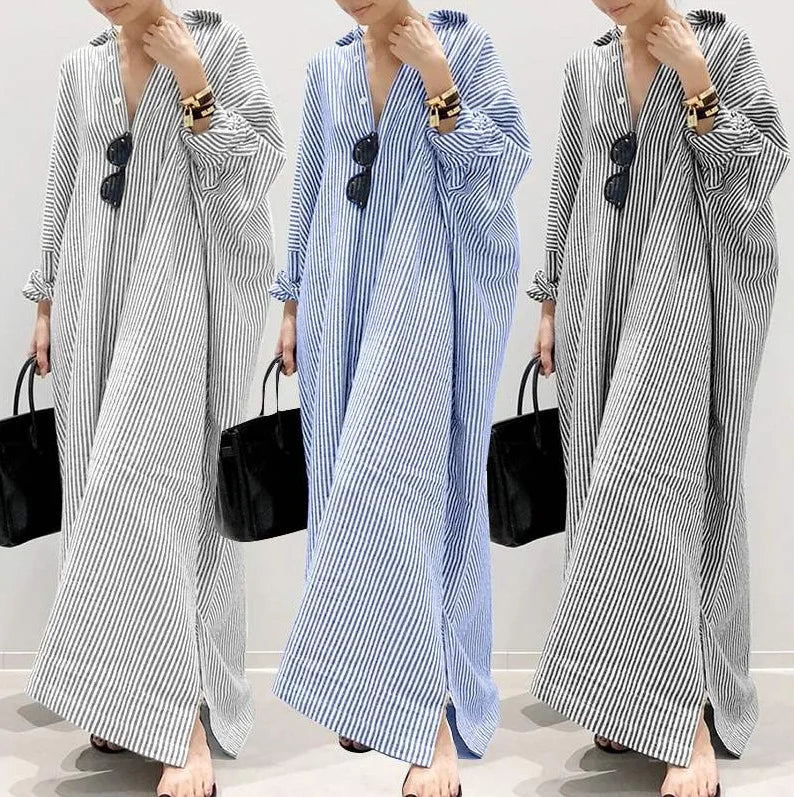 Wholesale New Arrival Hot Sale Linen Dress Loose Striped Summer Shirt Dress Plus Size Maxi Women Dresses