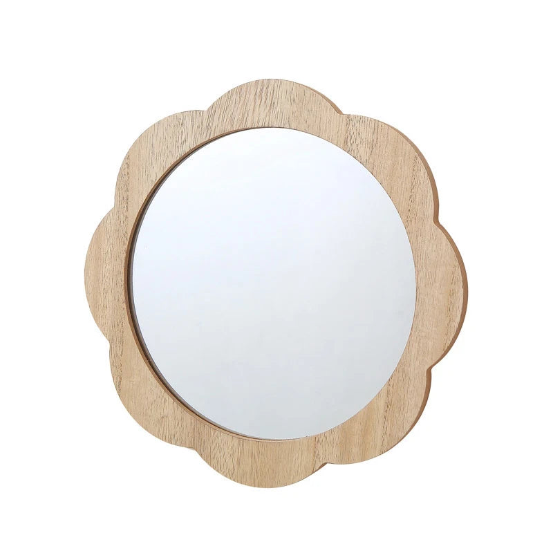 Contemporary Natural Wooden Flower Shape Wall Hanging Mirror Decorative Circle Mirror for Bathroom Vanity Home Decor Handcraf