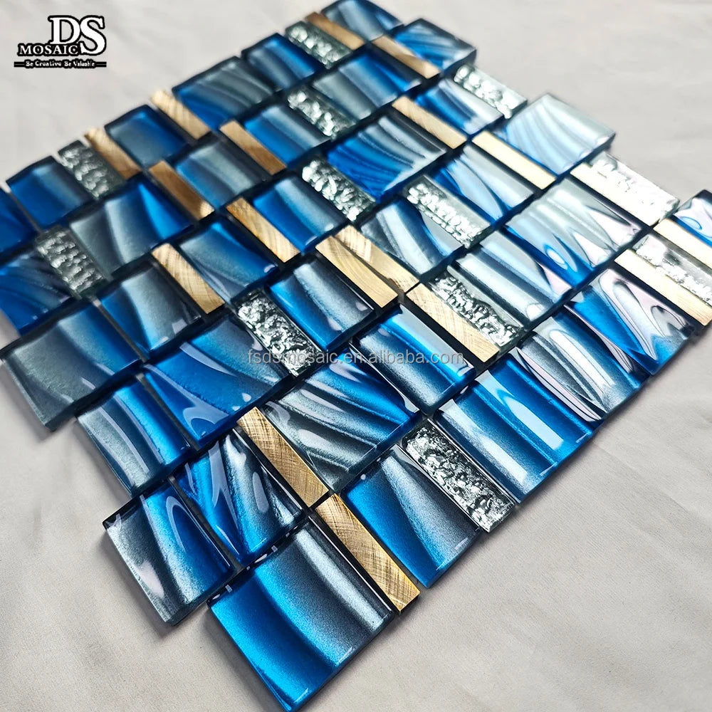 Sapphire Blue Color Glitter 3D Pattern Square Electroplated Backsplash Wall Tile Glass Tiles Mosaic Art