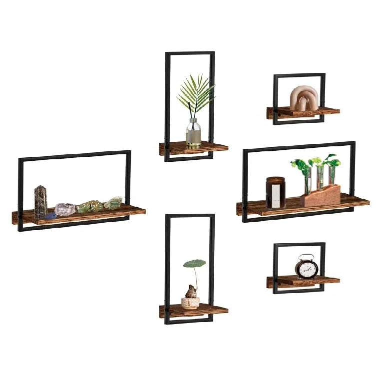 Wall Hanging Decor Metal Frame  Wooden Storage Shelf 6 Sets Rustic Floating Shelves