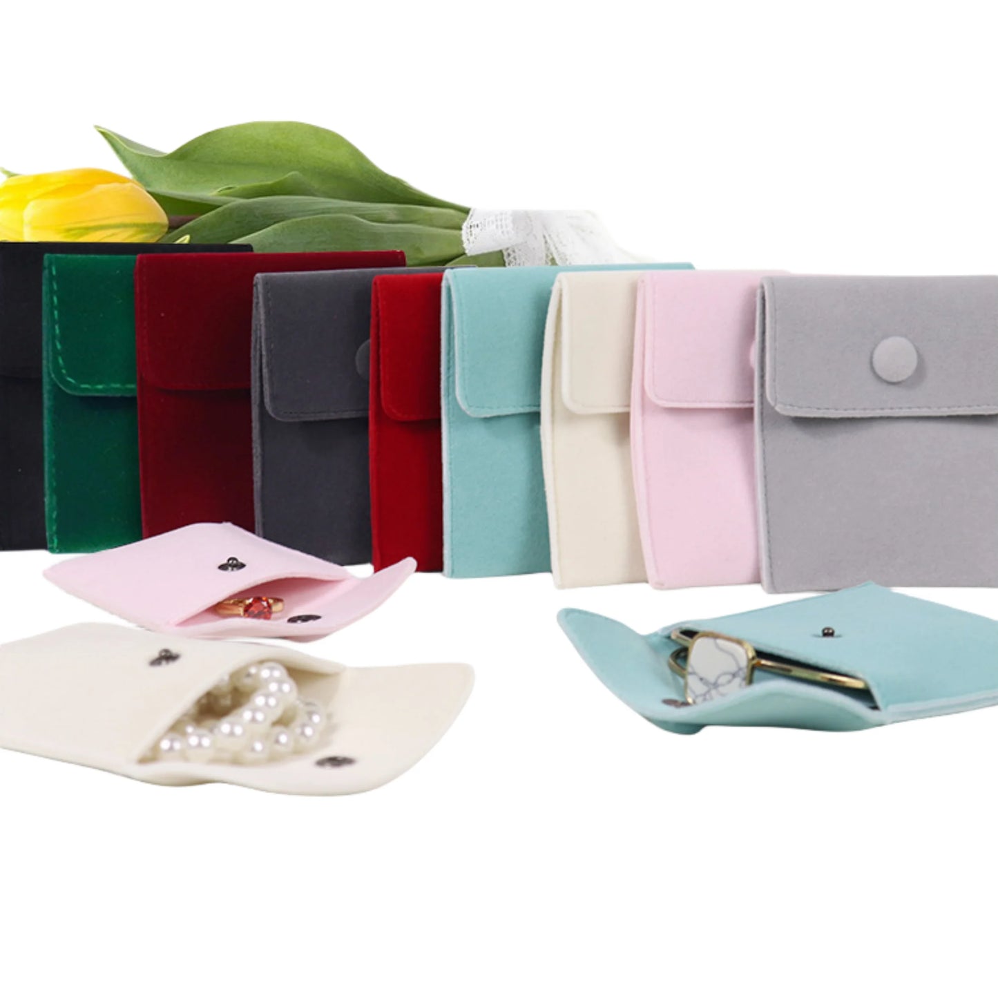 Luxury Bracelet Necklace Gift Packing Storage Bag Green Beige Red Microfiber Flap Velvet Jewelry Pouch with Snap Button