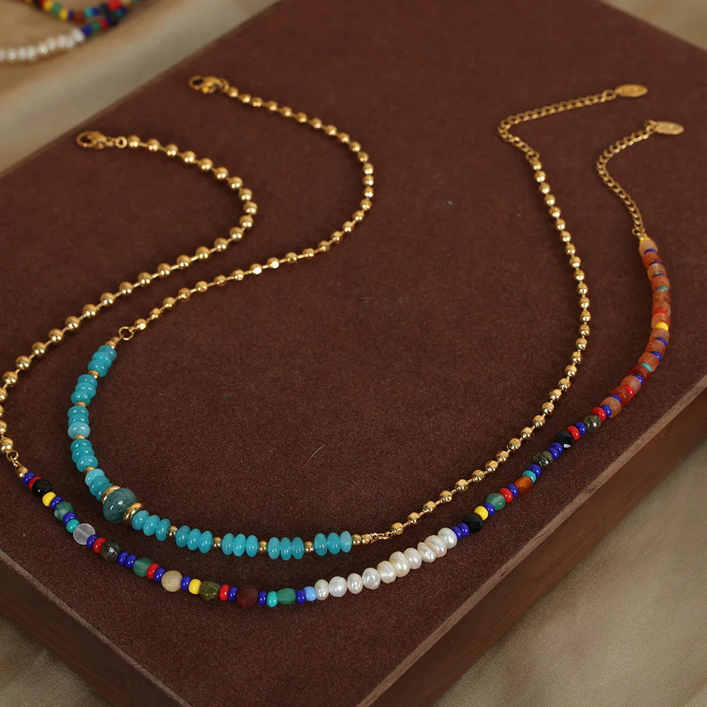 Non Tarnish 18k Gold Plated Stainless Steel Beads Necklace Colorful Beaded Natural Stone Freshwater Pearl Necklace for Women