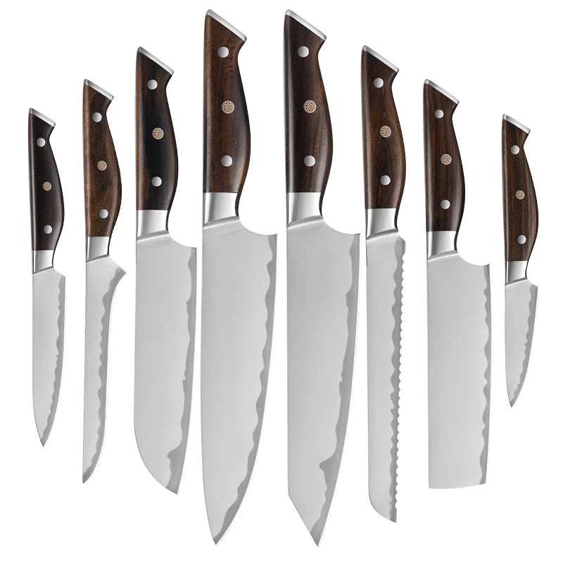 Professional Kitchen Chef Knife Set Carbon Stainless Steel Full-tang Triple Rivet 8 PCS with Ebony Wood Handle