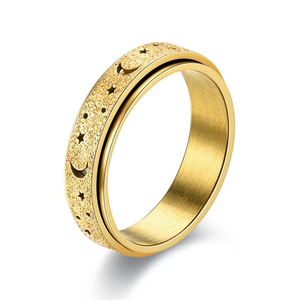 Yiwu DAICY Dainty Moon and Star Ring Stainless Steel Hollow Out Frosted Reduce Pressure Rotating Ring for Men Women