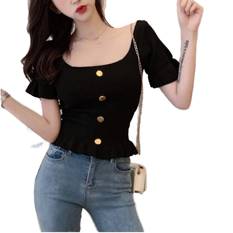 Wholesale Puff Sleeves square Collar Crop Top Knitwear Short Sleeve Women Knitted Sweater With Buttons for Summer Knitwear