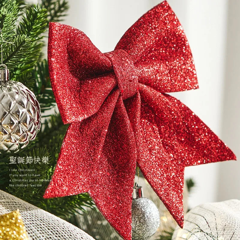 2024 Large Red Glitter Ribbon Bow Tie Christmas Tree Party Decorations Xmas Hanging Decor Wreath Ornaments
