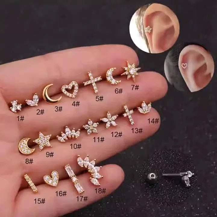 Titanium Steel Stainless Steel Rod Micro-inlaid Zircon Crown Earring Bone Nail Screw Ball Fashion Earrings Piercing Jewelry