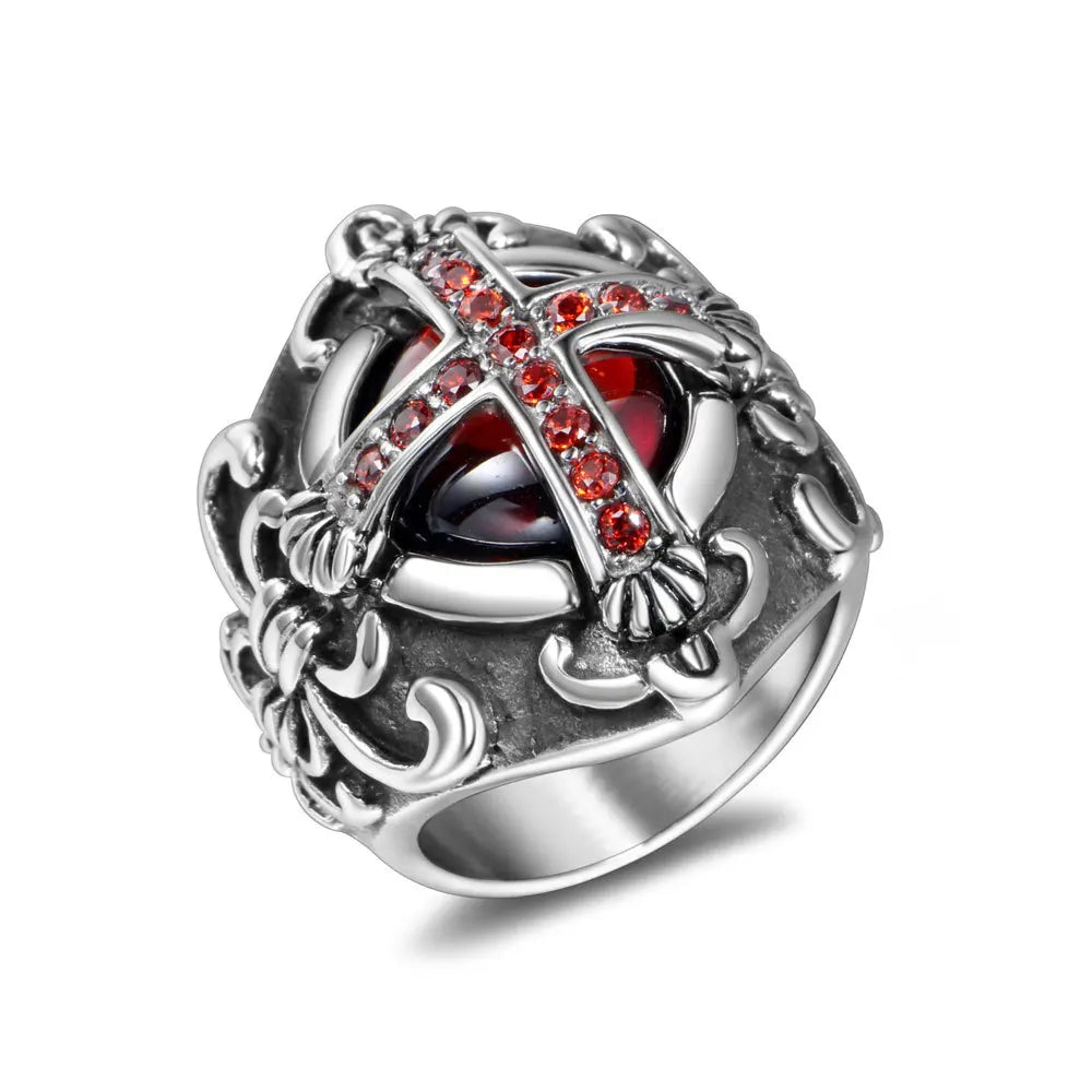 YK Gothic Cross Ring Dominant Luxury Delicate Ruby Diamond Titanium Steel Crown Fashion Jewelry Rings Wholesale