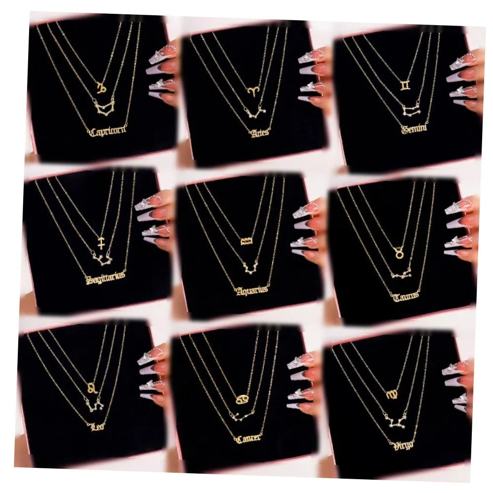 New Fashionable Constellations Diamond Pendant Chain Necklace Set for Women Jewelry Gold Horoscope Crystal Zodiac Sign Neckla