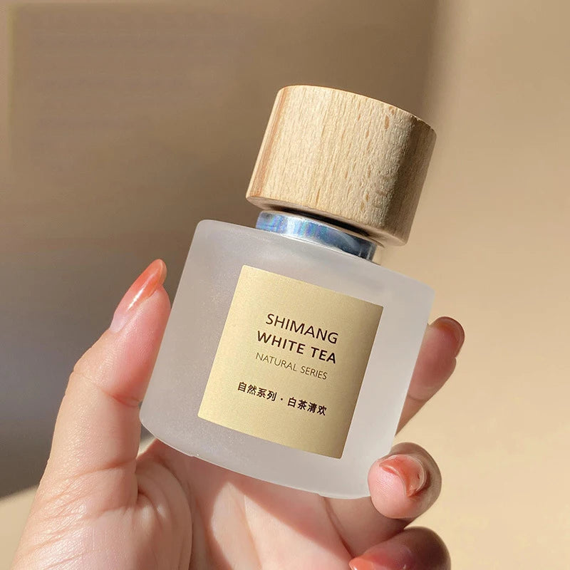 50ML Clear Frosted Round Cylinder Glass Perfume Bottle Wooden Cap With Gift Box Pump Sprayer