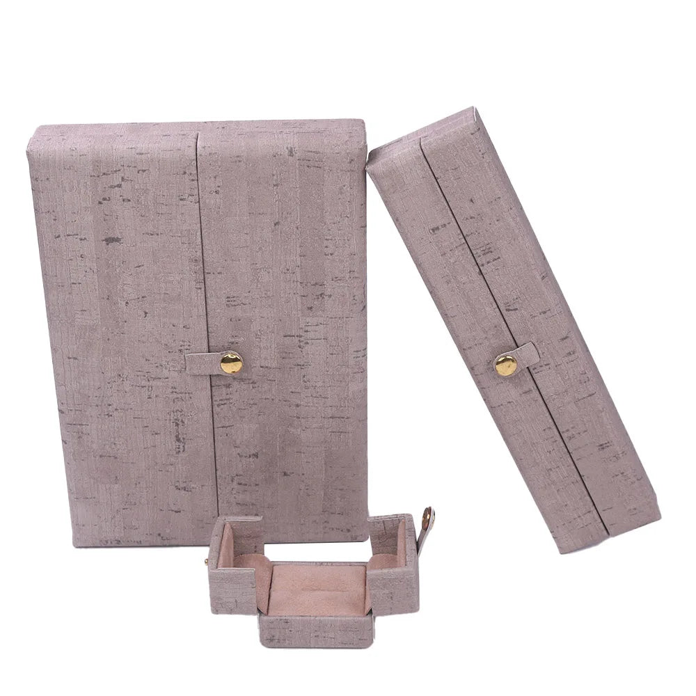 Fashion Wood Textured Leather Velvet Ring Bracelet Necklace Two Door Luxury Jewelry Packaging Gift Box Button Custom Logo