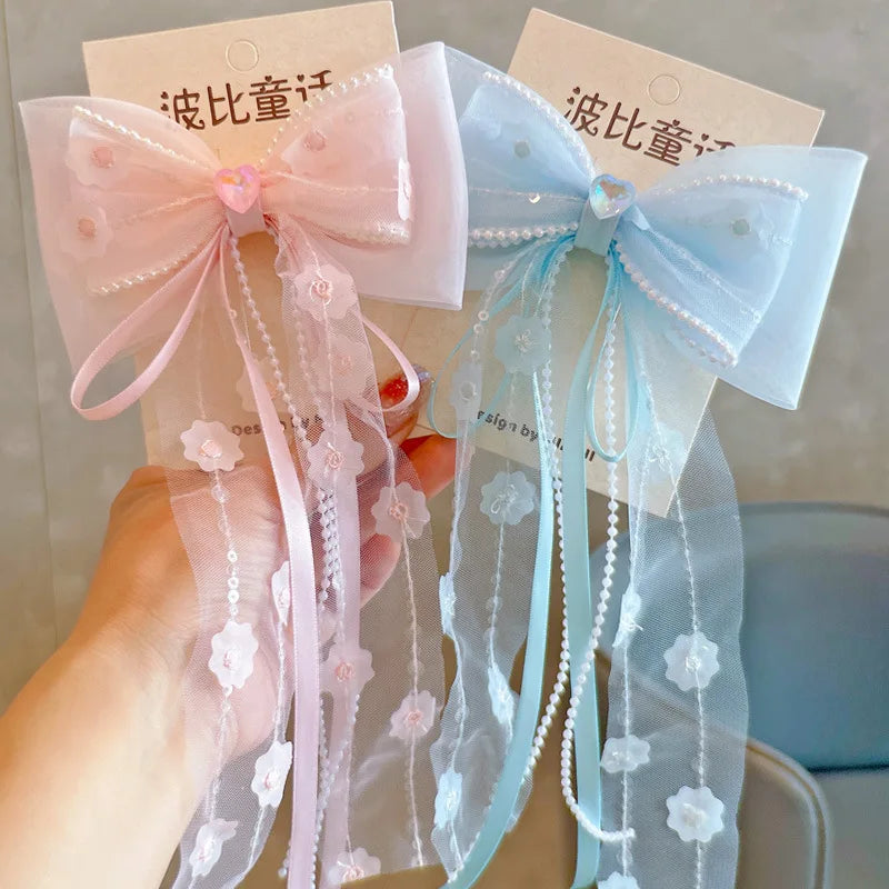 New Korean Version Floral Gauze Bow Children Ribbons Girl's Hair Clip Head Wear Top Clip