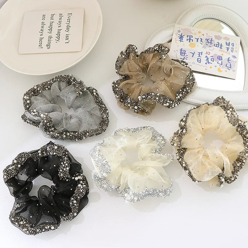 MIO Luxury Organza Hair Scrunchies Shining Rhinestones Pearls High Elastic Rubber Band for Hair Women Lady Wholesale