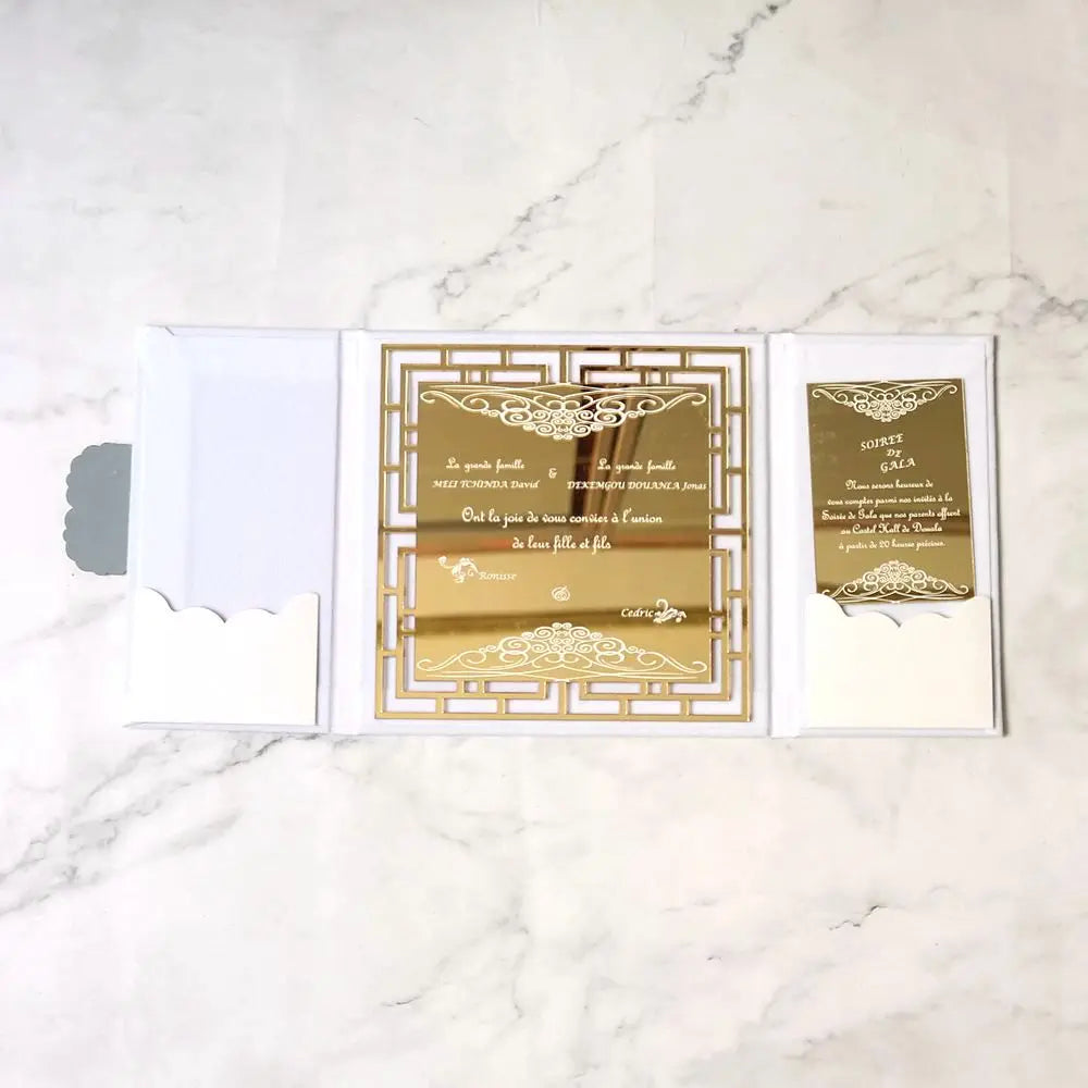Luxury Gate Fold White Velvet Wedding Invitation Folio With Laser Cut Gold Mirror Acrylic Invitations