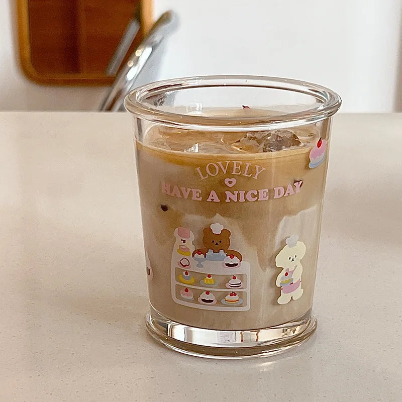 Ins Hand-painted Cartoon Glass Cup Cute Illustration of Bear Cold Brew Coffee Cup