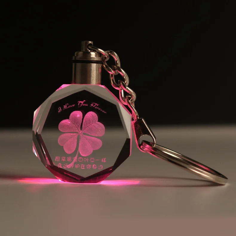 New Fashion Creative Luxury Polished Clear Octagon Small Gifts 3D Laser Engraving Crystal Glass Led Keychain for Mother's Day