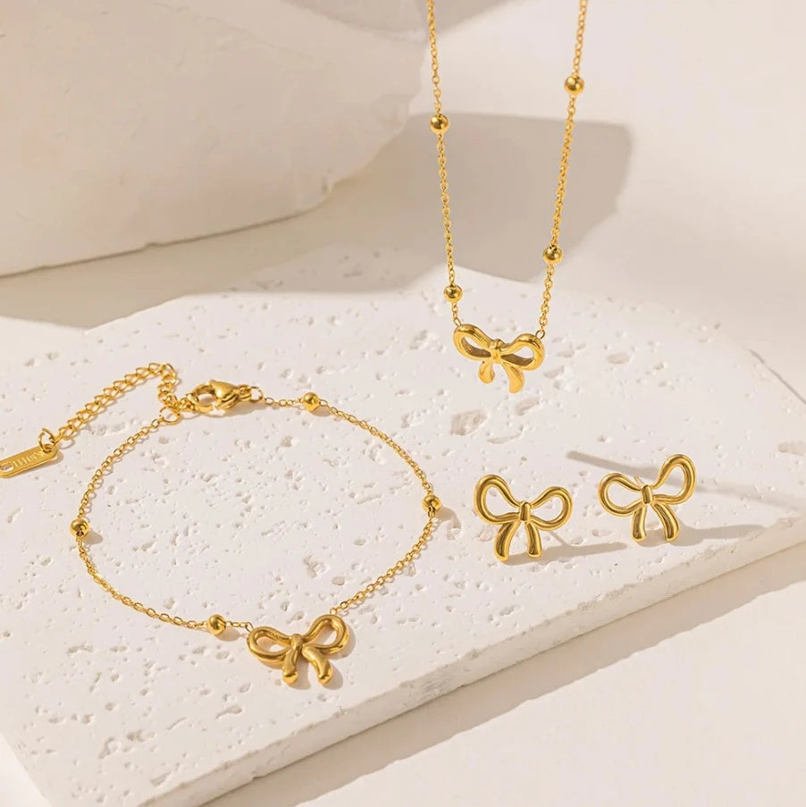 Vintage Fashion 18K Gold Plated Stainless Steel Heart Choker Necklace Bracelet Earrings Set Charm Pendant Women Butterfly Par