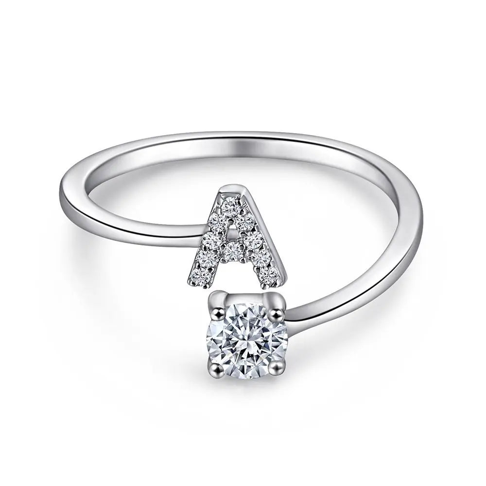 Adjustable Gold Platinum Plated Sterling Silver Letter Rings Rainbow Zircon Pave Initial M Alphabet Bands for Wedding Party