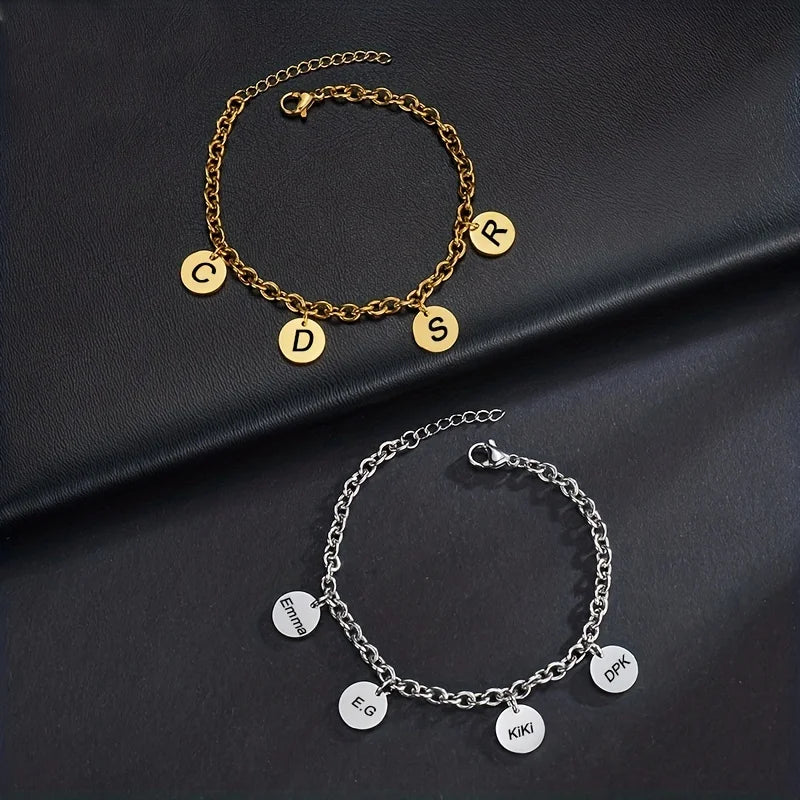 New Fashion Round O Shape Link Chain Bracelet Personality Jewelry Mirror Polished Round Charm Engraving Name for Couple
