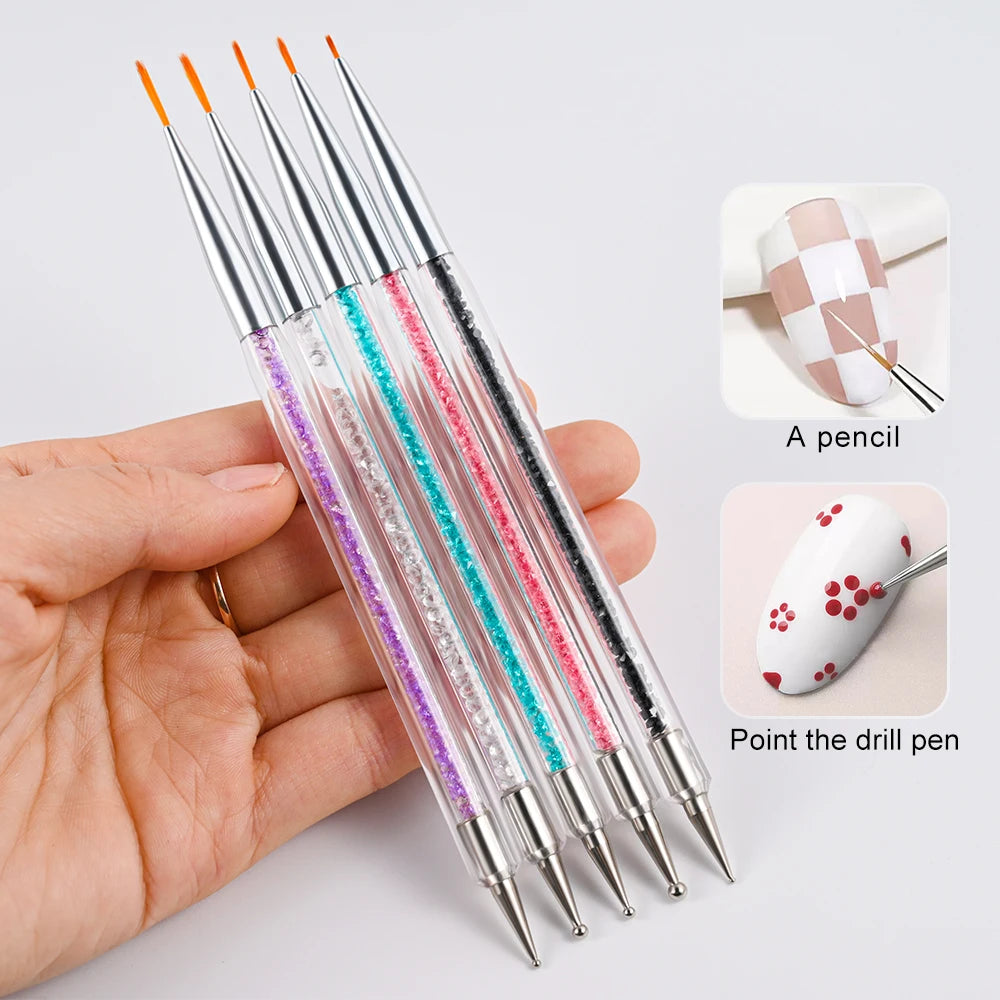 Double Ended Nail Design Brush with Dotting Pen Nail Art Drawing Tools 5pcs Set Nail Art Liner Brushes 5/7/9/11/12mm