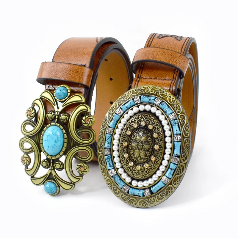Meetee CB574 3.8*115cm Bohemian Ins Western Cowboy Women's Vintage Accessory Belt Carved Fashion Women's Leather Belt