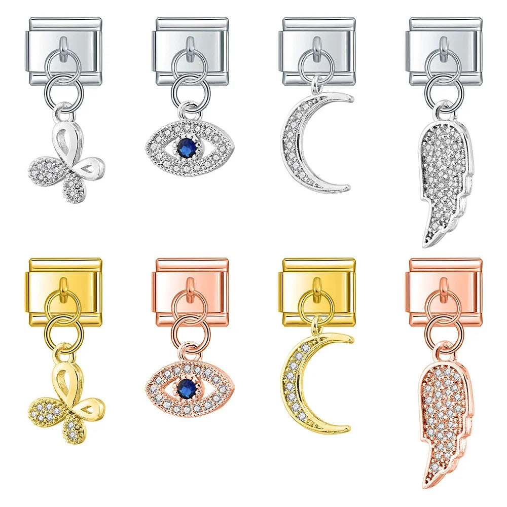 Hapiship Fashion Moon Eye Butterfly Angle Wing Shiny CZ Charm Links Fit 9mm Stainless Steel Bracelet DIY Making Jewelry DJ418