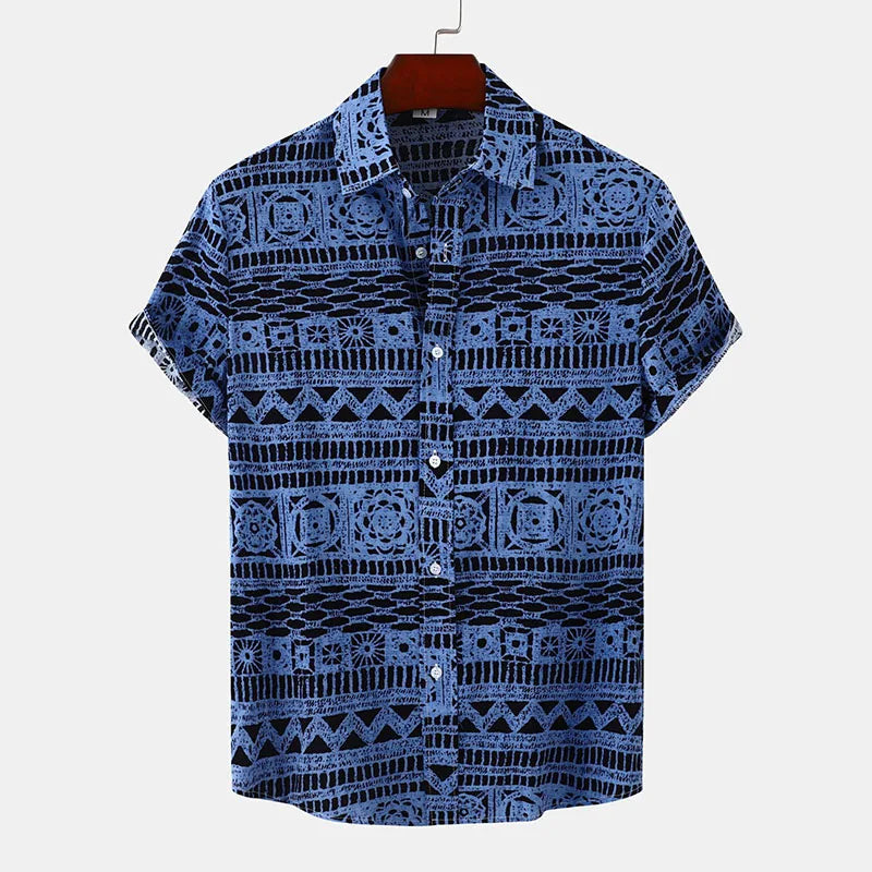 RNSHANGER New Men's Loose Shirts Summer Short Sleeve Shirt Vintage Geometric Print Hawaiian Beach Male Shirts