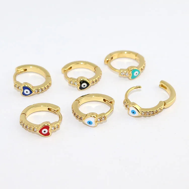 EC1899  Chic Dainty Tiny Small 18k Gold Plated Enamel Evil Eyes Heart Cubic Zirconia CZ Pave Huggie Hoops Earrings