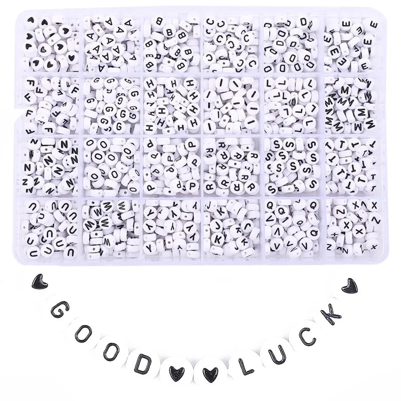 Hot Selling White  Acrylic Letter Beads a ToZ Heart Shaped Pattern Beads and Crystal Thread Jewelry Making Bracelet Necklace