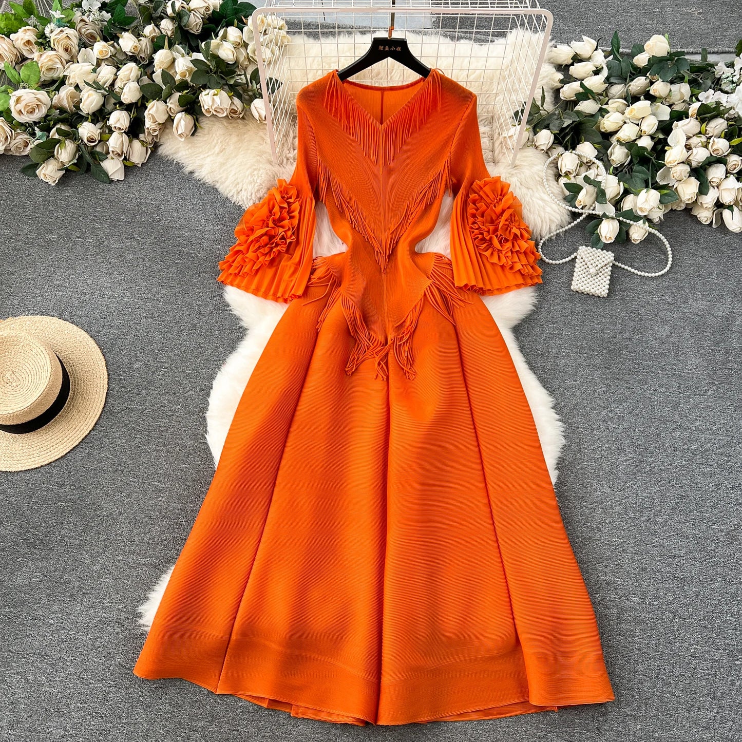 V-Neck Pleated Midi Dress for Women Flare Sleeve Empire Tassel Lace Vestidos Black Burgundy Purple