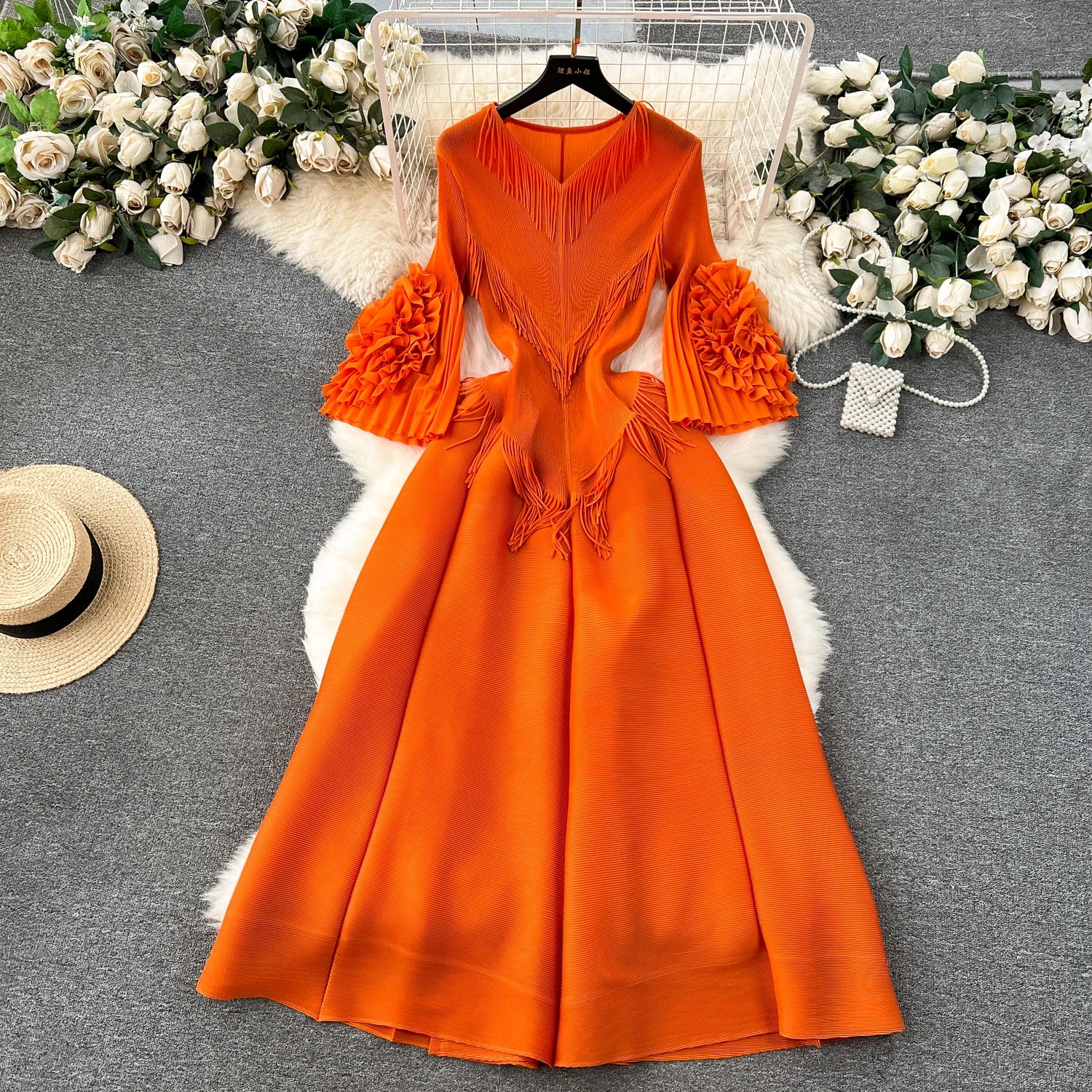 V-Neck Pleated Midi Dress for Women Flare Sleeve Empire Tassel Lace Vestidos Black Burgundy Purple