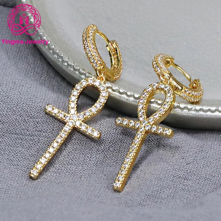Elegant Moissanite Hoop Earrings  D Color VVS1 Clarify Hip Hop Circle Earrings 14K Yellow Gold Moissanite  Earrings with Cros